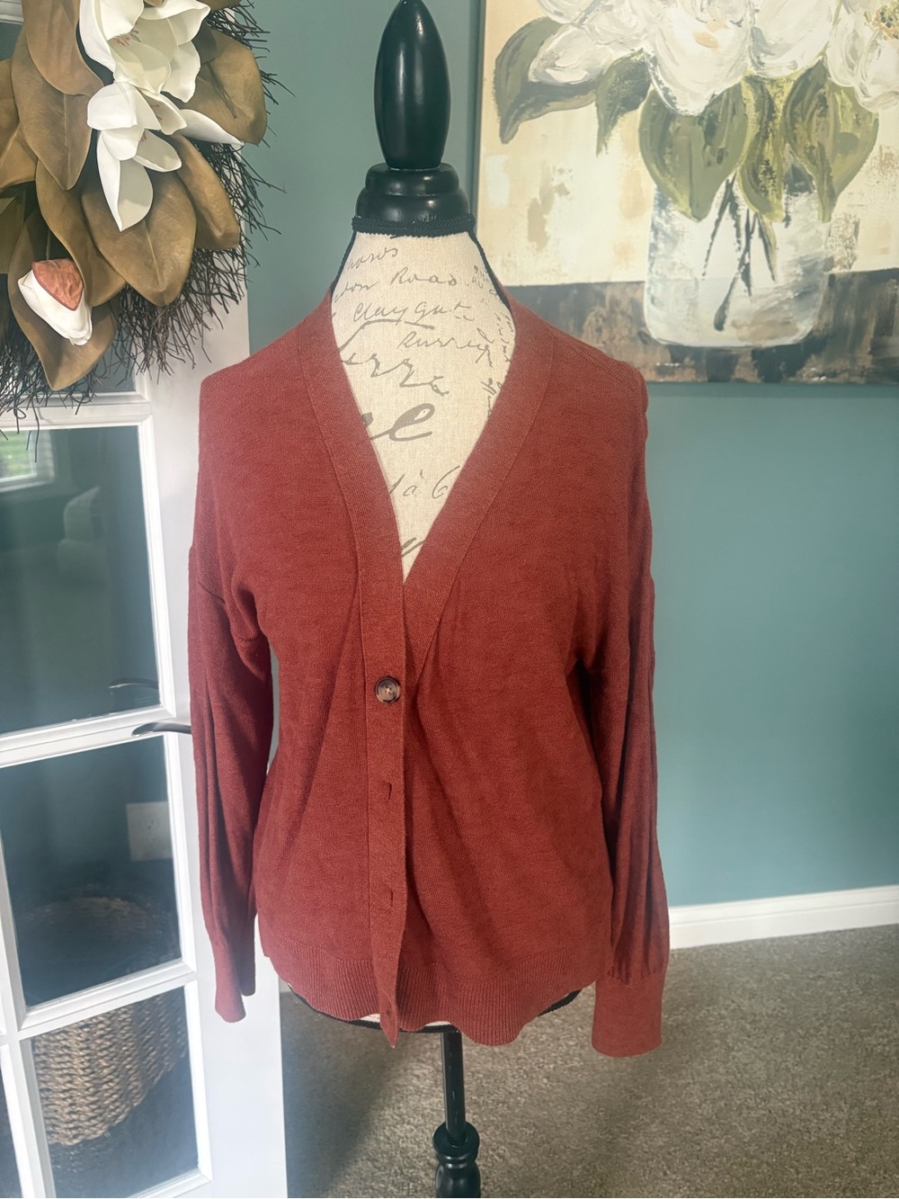 LOFT Rust Button V-Neck Cardigan Sweater